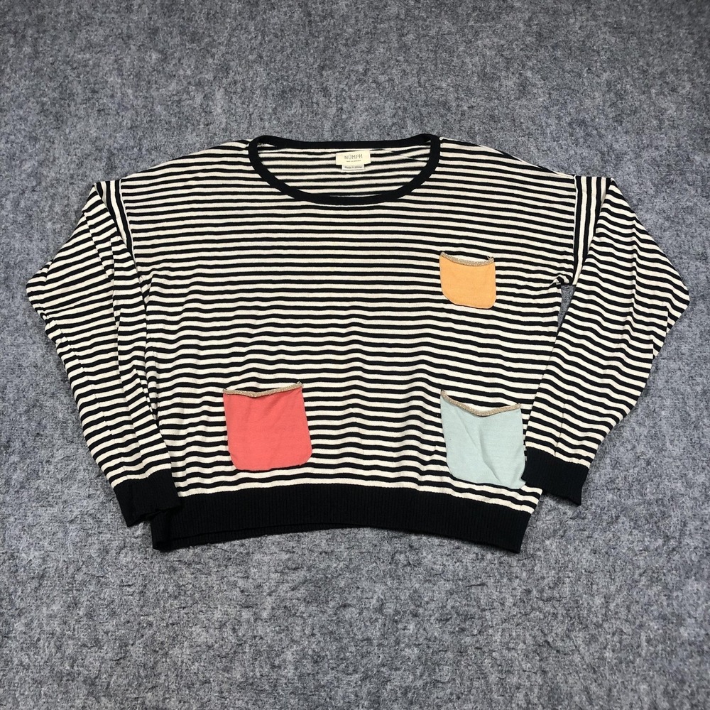 Nümph Sweater Womens L Black White Striped Crewneck Pullover Colorful Pocket